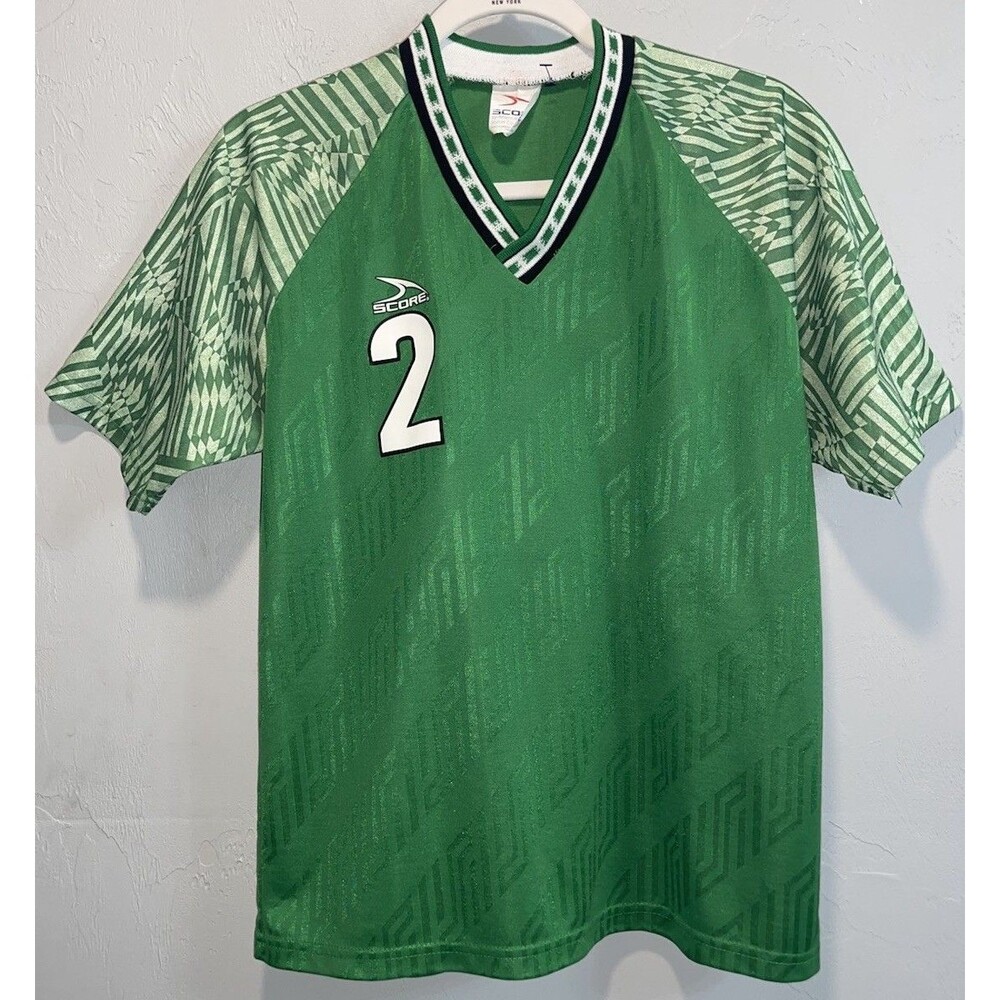 Vtg 90s SCORE Soccer Jersey Adult S Green Geometric Nigeria 1994 Tribute Mexico